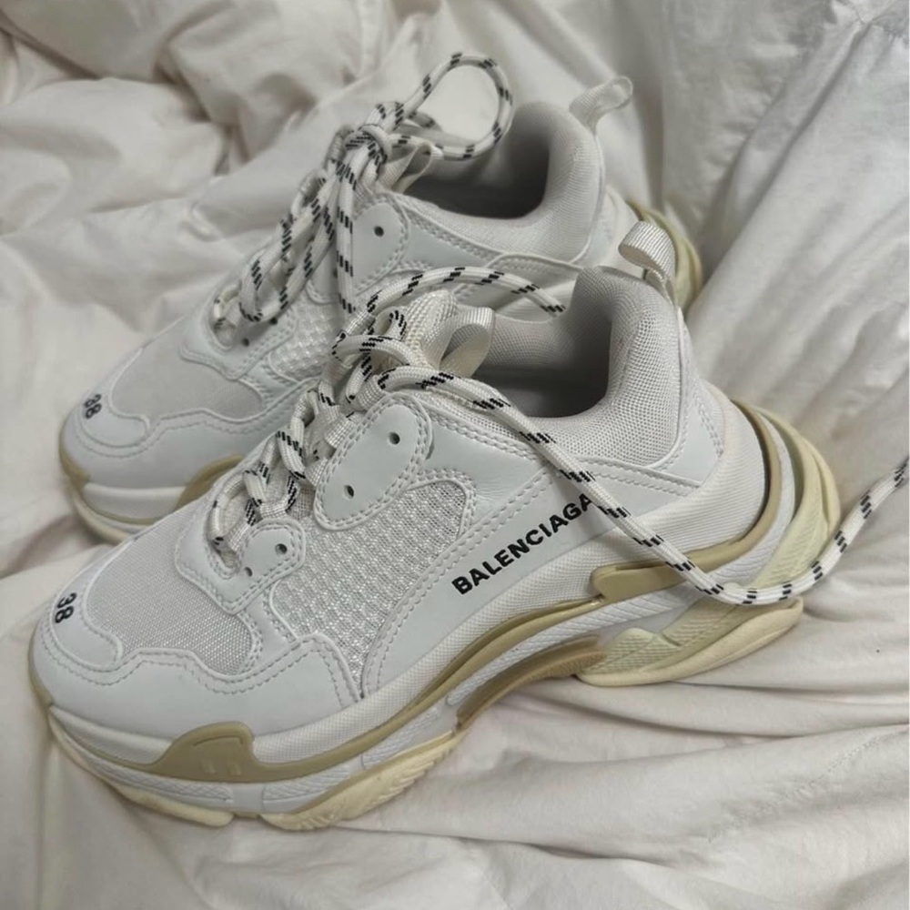 Balenciaga Triple S Women's White Sneakers with Cream Sole Accents - Picture 2 of 6